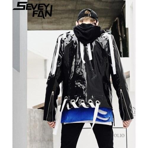 SEVEYFAN Mens Shinny Black Motorcycle PU Leather Jackets Ribbons Korean Nightclub DJ Hip Hop Coat for Male