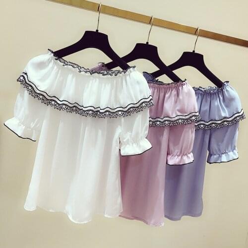 Summer New Chiffon Shirt Clothes Womens Embroidery Short Sleeve Blouse Girl Slash Neck Loose Sweet Fashion Top Shirts H9093