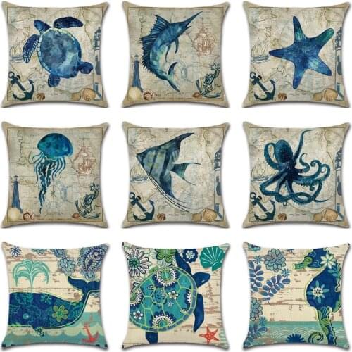 Retro Pillowcase Seaturtle Jellyfish Octopus Printing Cushion Cover Home Decorative Sea Animal Linen Car Sofa Waist Pillow Case