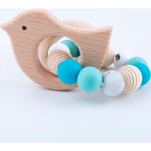 Wooden Bracelets Wooden Teether Chewable Crochet Beads Woo Baby Gym Rattle Toys Bird Shape Silicone Beads Handmade DIY Crafts