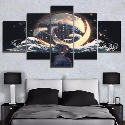Home Decor Various Modular Canvas Girl Under the Moon Anime Scenrey Painting New Pattern Poster Wall Wholesale
