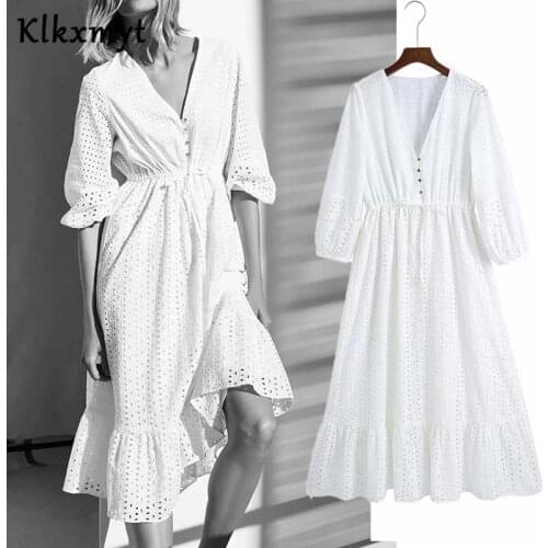 Klkxmyt Spring 2021 Za Dress Women Elegant Hollow Out Embroidery Half Sleeve Woman Dress Fashion Elastic Waist Casual Dresses