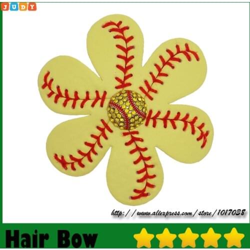 Softball Flower leather Hair clips Leather Seamed Softball Hair Bows With Rhinestone Hair Clip Pin Baseball Hair On Barrette