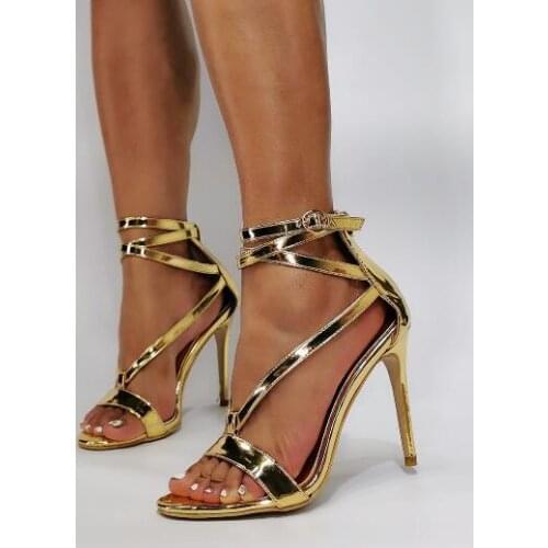 Linamong Woman Sexy Gold Patent Leather Cover Heel Sandals Stiletto Heels Buckle Strap Party Sandals Shoes 100% Real Photos