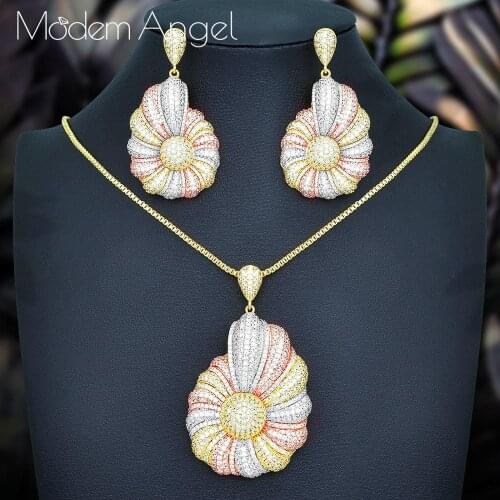 ModemAngel Trendy Snail Conch Flower 2PCS Jewelry Sets For Women Engagement Luxury AAA Cubic Zircon Earring Necklace Jewelry Set