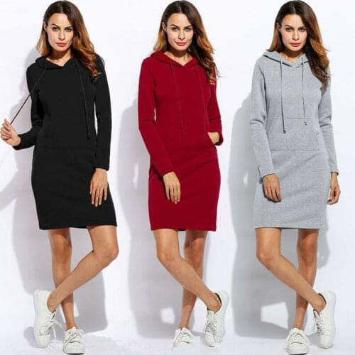 Fashion Womens Hooded Long Sleeve Sweatshirt Fall Autumn Hoodie Casual Style with Pocket Bodycon Tunic Dress Top New Hot Sale