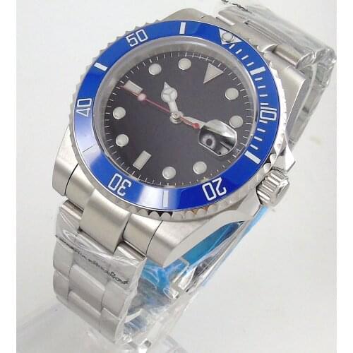 40MM Black Sterile Dial Business Automatic Mens Watch 21 Jewels MIYOTA 8215 Magnifier NH35A Clear Glass Back Bezel Insert