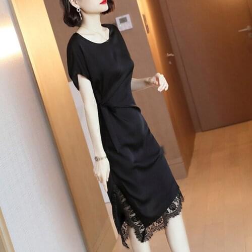 Real silk dress 2019 summer womens mid-long slim stitching black satin Hangzhou mulberry silk dress