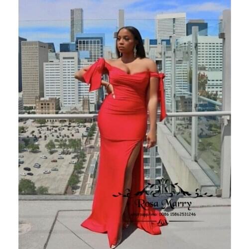 Red Off Shoulder Cheap Mermaid Prom Dresses 2021 Plus Size High Split Long Satin Girls Formal Evening Party Wear For Women