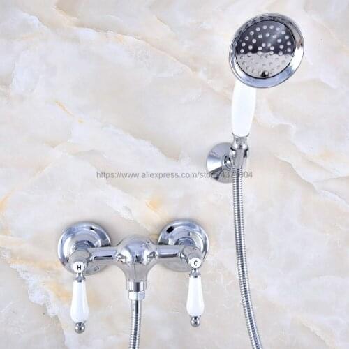 Polished Chrome Wall Mounted Bathroom Faucet With Hand Held Shower Head Bathroom Shower Faucet Set Mixer Tap Nna788
