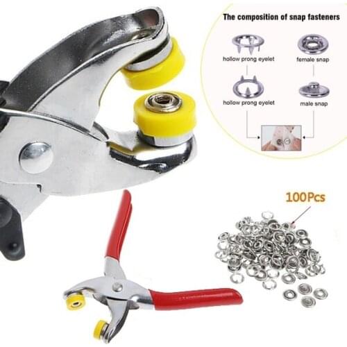 Stainless Steel Press Studs Plier Metal Prong Ring Snap Fasteners 9.5mm + 100Pcs Ring Snap Clothes Crafting Tool
