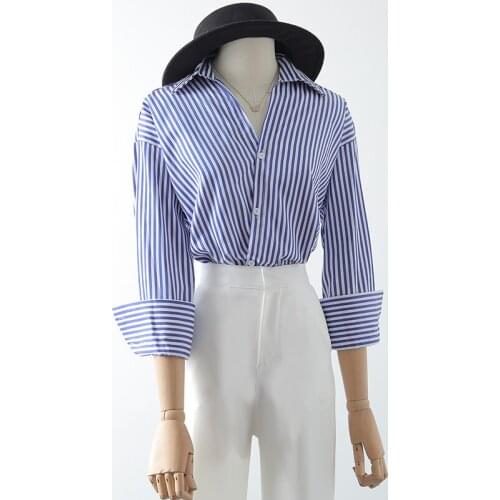 Striped Women Shirts V-Neck Turn-Down Collar Long-Sleved Loose Office Lady Elegant Outwear Tops