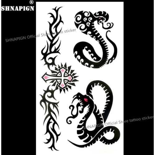 SHNAPIGN Black Cobra Cross Temporary Tattoo Body Art Arm Flash Tattoo Stickers 17*10cm Waterproof Fake Henna Painless Sticker
