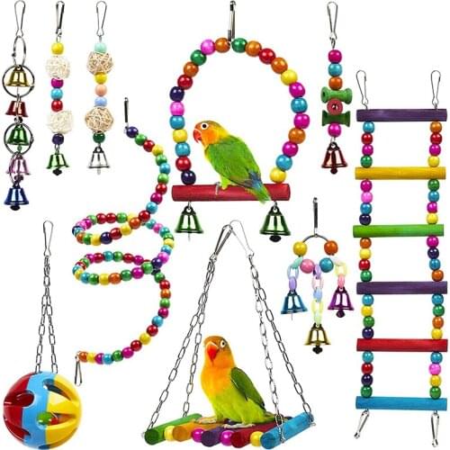 10 Pack Bird Cage Toys for Parrots Reliable & Chewable - Swing Hanging Chewing Bite Bridge Wooden Beads Ball Bell Toys (in stock