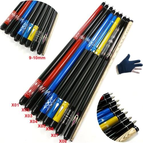 Xmlivet 2018 latest 9-10mm Tip 2-Piece Pool Billiards Cues/Oak wood snooker cue Stick Decals Design with glove China