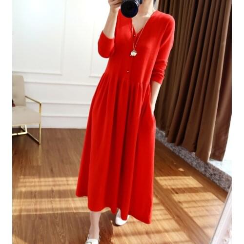 2021 Autumn And Winter New V-Neck100% Wool dress female Temperament Long Paragraph OverThe Knee Big Dress Long Girl Clothes