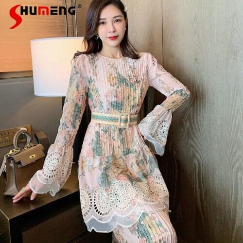 French Style New Printed Ruffled Lace Long Dress for women 2021 Spring Elegant Round Neck Flare sleeve Mid-Length Dress Female
