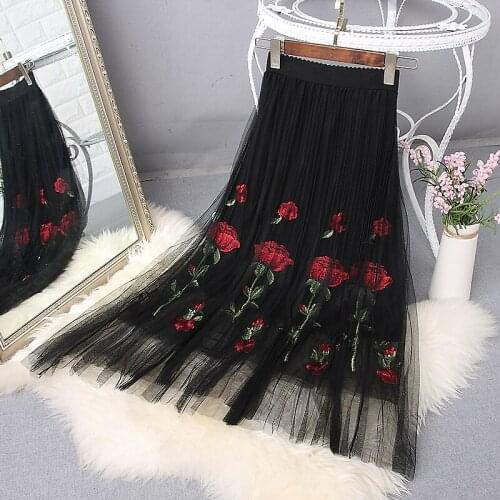 2020 Spring Mesh Skirt Women Embroidery Skirt Women Elastic High Waist Skirt Floral A-Line Pleated Skirts Jupe Femme Faldas Saia