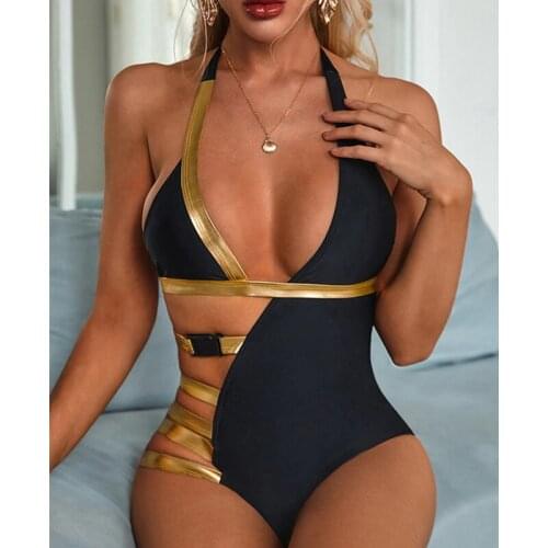 2021 Sexy Ladies Swimsuit Deep V-neck Sleeveless Summer Low Cut Patchwork Bathing Suit Beach Wear Bikini For Women Beachwear