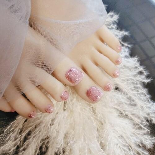 24pcs Full Sequins Toenail Patch Glue Type Removable Short Paragraph Fashion Manicure Save Time False Toenail Patch SK88