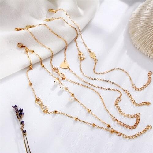 5 Pieces \ Set Fashion New Stainless Steel Heart Pendant Anklet Girl Summer Beach Ankle Bracelet Women Accessories Jewelry Gift