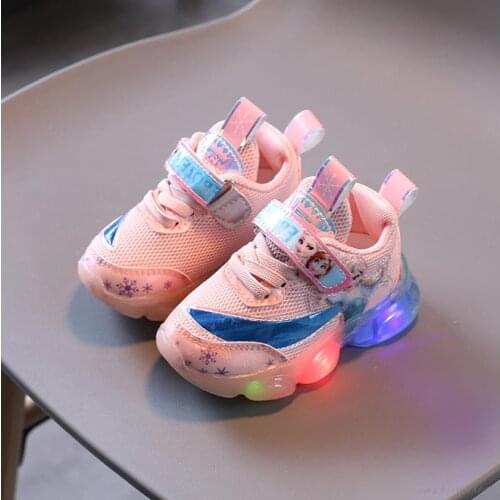 Spring Autumn Frozen Kids Light Shoes Girls Childrens Elsa Casual Sneakers Breathable Soft Anti-Slip Running Sports Shoes