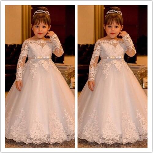 Elegant Lace Long Sleeve Boat Neck Vintage Princess Flower Girls Dresses for Weddings Girl Pageant Gowns Holy Communion Dresses