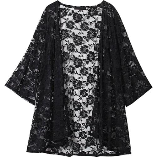 Elegant Vintage Kimono Cardigan Womens Lace Shirt Embroidered Beach Sunscreen Clothing Cardigan Plus Size Blouse Women