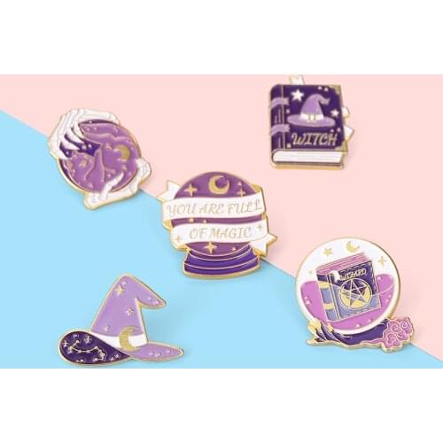 Witch Cats Enamel Pin Purple Magic Hat Crystal Ball Brooches Badges on Clothes Bags Backpack Gifts for Women Men Jewelry