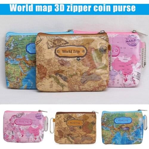 World Map Series 3D Zipper Coin Purse Wallet Portable Pouch Cosmetic Bag -OPK