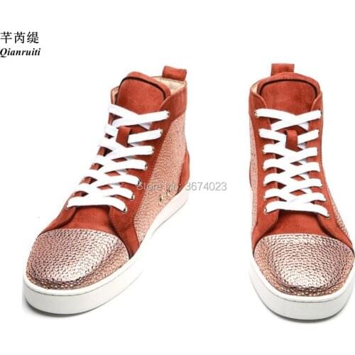 Qianruiti Men High Top Crystal Sneakers Lace-up Rhinestone Flats Casual Shoes for Men