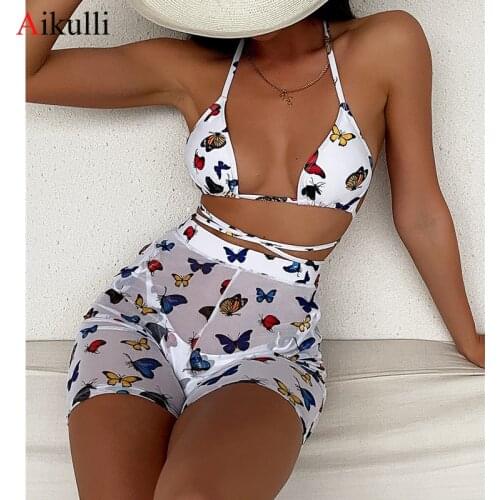 Butterfly Print Shorts Three Pieces Bikini Set Swimsuits Women 2021 Sexy Halter Lace Bikinis Swimwear Summer Beach Bathing Suits