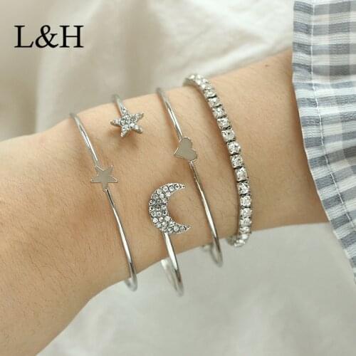 L&H 4 Pcs/Set Bohemia Crystal Moon Star Heart Gold Chain Open Bracelet Set For Women Girl Charm Statement Fashion Bangle Jewelry