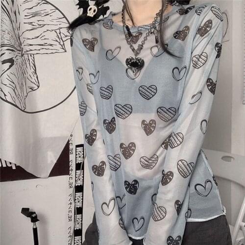 Summer new love heart mesh long-sleeved Korean of Harajuku high street sunscreen t-shirt women