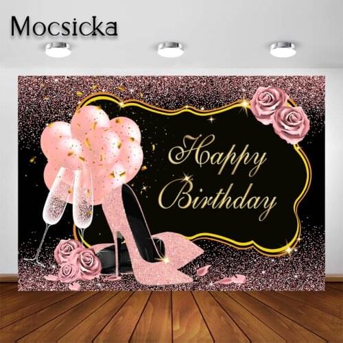 Mocsicka Rose Gold Birthday Backdrop for Girls Glitter High Heels Champagne Adults Women Bday Party Decor Photo Booth Background