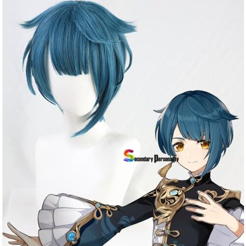 2021 New Genshin Impact Xingqiu Xing Qiu Cosplay Wig Blue Short Heat Resistant Synthetic Hair Adult Men Women Halloween Cosplay