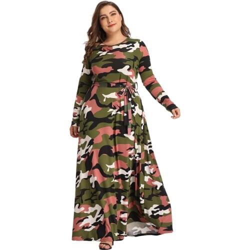 Autumn women fashion loose plus size long sleeve floor length camouflage print belted casual dress