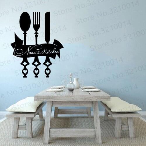 Custom Name Kitchen Wall Decal Personalized Restaurant Decal Spoon Knife Fork Kitchen Tools Vinyl Sticker Home Decor PW372