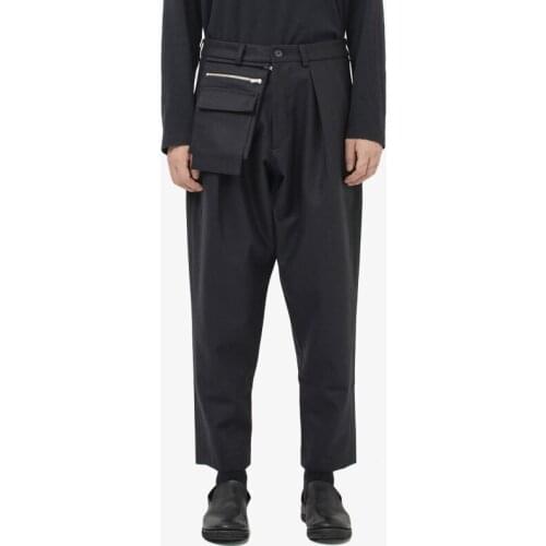 S-6XL!!2020 mens pocket exposed decorative design nine minute pants Japanese simple black small foot pants autumn and winter