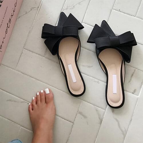 Flat Slippers Womens Summer Fashion Wear Joker Pointy Lazy Half-drag Bow Baotou Sandals and Slippers Womens Sandals