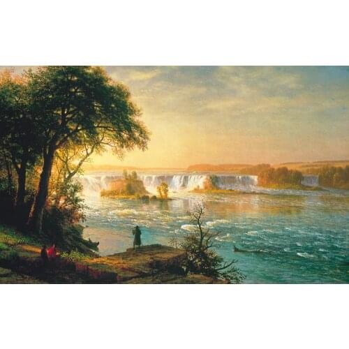 TOP ART- the sky, clouds, trees, landscape, river, people, boat, waterfall, picture, thresholds, Albert Bierstadt art PAINTING
