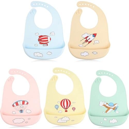 Waterproof Silicone Baby Bibs Candy Color Cartoon Plane Rocket Toddlers Feeding Food Crumb Catcher Pocket Saliva Towel