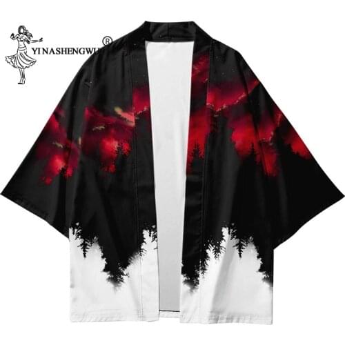 Japanese Costume Print Kimono Men Harajuku Women Tops Japan Haori Cardigan T-shirt Yukata Coats Black Forest Robe Loose Jackets