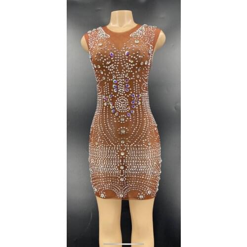 Women Birthday Celebrate Short Party Dresses Silver Rhinestones Stretch Stage Wear Sexy Evening Clothing Bodycon Mesh Vestido