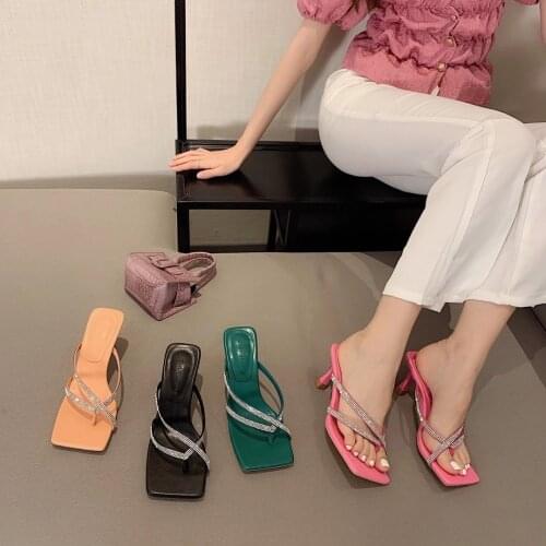 Clip Toe Women Slippers Shallow Slip On Mules Shoes Orange/Black/Green/Pink Women Sandals Slippers Slides Thin High Heels Pumps