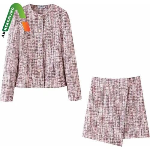 Adherebling Za Woman 2021 Casual Traf Outfits Autumn Tweed Woolen Ornate Buttons Slim Jacket + Mini Skirt Female 2 Piece Sets