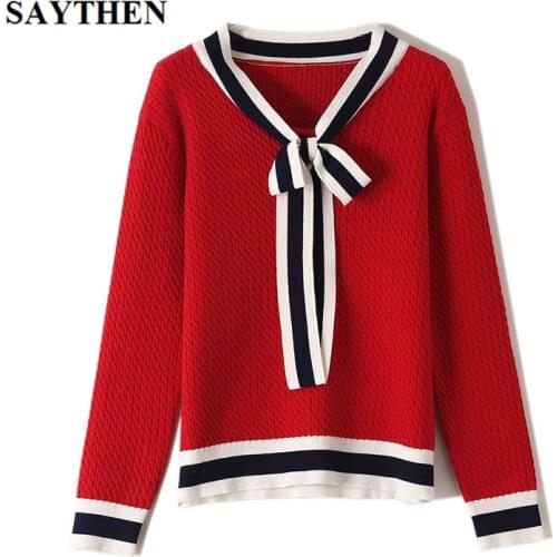 Sweater Women 2020 Long Sleeve Knitted contrast striped bottoming shirt sweater women lace bowknot sweater women pullover