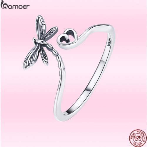 Bamoer 2021 Dragonfly & Love Ring for Women Genuine 925 Sterling Silver Animal Rings Classic Vintage Jewelry Adjustable GXR734