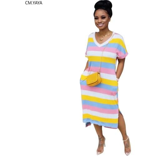 Women Summer Midi Dress Sexy Short Sleeve Loose Rainbow Striped Print Party Night Club Bandage Female Lady Dresses Vestido GL111