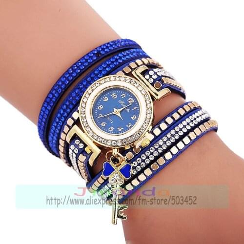 100pcs/lot elegance key pendant lady leather watch full crystal quartz casual watch for women wholesale wristwatches